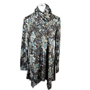 Cestyle Womens XL Floral Cowl Neck Button Tunic Sharkbite Hem Long Sleeve Top
